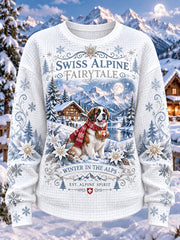 Sweat-shirt à manches longues en maille gaufrée, motif alpin pour femme