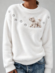 Chien de caniche des femmes dans la neige Empreintes de pattes et flocons de neige Imprimer confortable Flanelle Sweatshirt