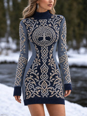 Femme Classy Viking Tree of Life Noeud celtique Contraste Imprimer Mock Neck Pull Dress