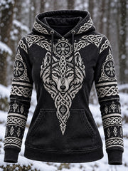 Sweat à capuche décontracté pour femme, motif loup style viking vintage