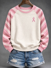 Sweat-shirt décontracté à manches raglan pour femme, motif rayures roses et ruban rose de sensibilisation