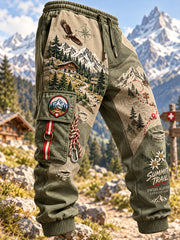 Pantalon cargo long à imprimé graphique sur le thème alpin pour homme