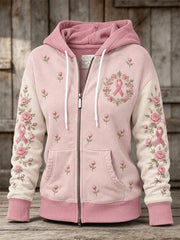 Sweat à capuche décontracté rose à motifs floraux et ruban rose de la solidarité, avec fermeture éclair pour femme