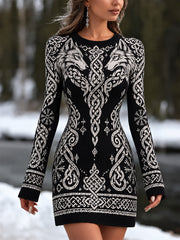 Femmes Rétro Viking Motif De Loup Décontracté Col Rond Robe De Style Pull