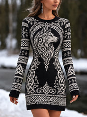 Femmes Retro Viking Wolf Motif Col Rond Pull-Style Robe