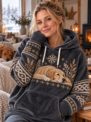 Sweat à capuche confortable en flanelle à imprimé de chien de style nordique rétro