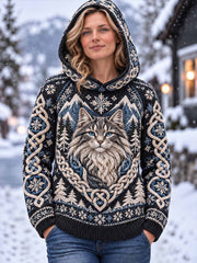 Pull à capuche imprimé motif chat nordique pour femmes