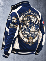 Veste décontractée zippée pour homme, bleu foncé, imprimé patchwork breton français