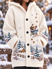 Femmes Mignon Hiver Français Bulldog Imprimer Chien Amoureux Casual Composite Polaire Long Manteau