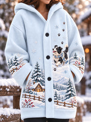Femmes Mignon Hiver Border Collie Imprimer Chien Amateurs Casual Composite Polaire Long Manteau