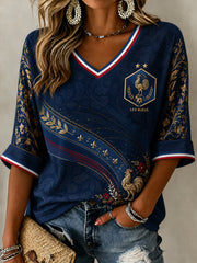 Chemise en lin à col V pour femme, motif France Football