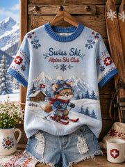 Haut à manches courtes Femme Imprimé Ski-Themed Knit