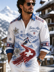 Chemise waffle à manches longues pour homme, imprimé d’inspiration ski, de style ethnique
