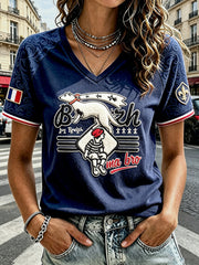 T-shirt décontracté pour femme, bleu foncé à rayures façon marinière, motif blaireau blanc