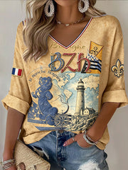 T-shirt décontracté à col en V pour femme, couleur café, imprimé mignon de style breton français