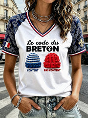 T-shirt décontracté à col en V pour femme, imprimé créatif de style breton français