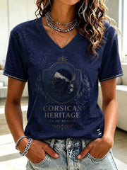 T-shirt à col en V imprimé du drapeau français de Corse pour femme