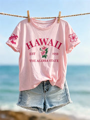 T-shirt à manches courtes Hawaii the Aloha State Hibiscus & Palm Tree pour femme
