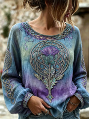 Chemise en coton-lin chic chardon celtique noeud imprimé dégradé couleur femmes