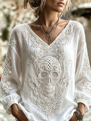 Chemise Femme Viking Skull Noeud Celtique Imprimé Floral Coton-Lin