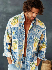 Chemise en lin de vacances Vintage Lemon Botanical Art Print pour hommes