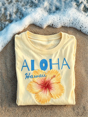 T-shirt manches courtes Aloha Hawaii Yellow Hibiscus Print Vacation Femme