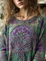 Chemise femme Vintage en coton et lin à imprimé tartan noeud celtique Scotland Thistle