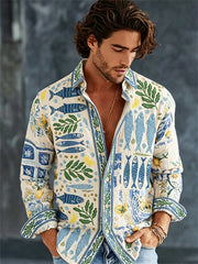 Chemise de vacances de style méditerranéen à imprimé botanique poisson et citron vintage pour hommes