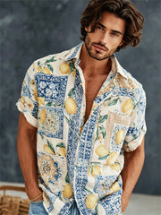 Chemise à manches courtes à imprimé botanique citron style méditerranéen pour hommes