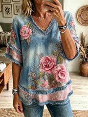 Chemise Femme Vintage Rose Roses Imprimé Floral Frange Garniture Coton-Lin