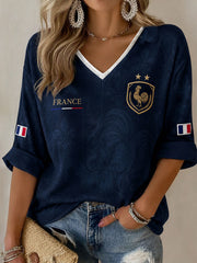 T-shirt à manches mi-longues et col en V pour femmes, France Football