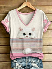 T-shirt femme à manches courtes, ample, à imprimé rayures de chat animal, mode vintage