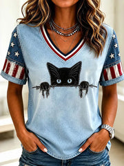 T-shirt décontracté imprimé chat drapeau américain pour femme