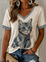 T-shirt décontracté à col en V imprimé chat cowboy pour femmes