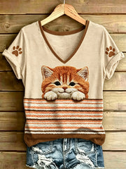 T-shirt femme à manches courtes, ample, à imprimé rayures de chat animal, mode vintage