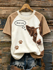 Motif de chien mignon imprimé décontracté lavé T-shirt à manches courtes pour femmes