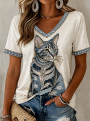 T-shirt décontracté à col en V pour femme, imprimé chat et motif cowboy