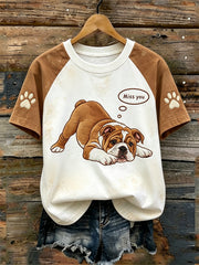 T-shirt décontracté à manches courtes, effet chiné, imprimé d’un mignon motif de chien pour femme