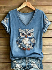 Animal Owl Imprimé Vintage Fashion lâche T-shirt à manches courtes pour femmes