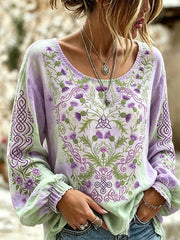 Chemise femme rétro Viking en coton et lin à motif de fleurs