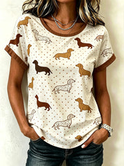 T-shirt décontracté à manches courtes, effet chiné, imprimé d’un mignon motif de chien pour femme