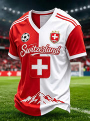 T-shirt à col en V pour hommes, motif fan de football suisse