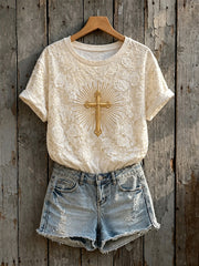 Vintage Faith Art Floral Cross Print T-shirt à manches courtes pour femmes