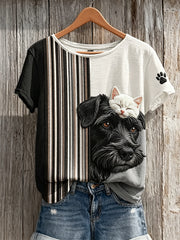 T-shirt femme à manches courtes, motif patchwork imprimé pattes de chat et de chien pour dormir