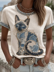 T-shirt décontracté pour femme à imprimé chat et motif cowboy