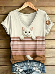 Animal Cat Stripes Imprimé Mode Vintage lâche T-shirt à manches courtes pour femmes