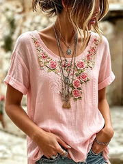 T-shirt à manches courtes femme imprimé floral en lin