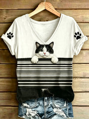 T-shirt femme à manches courtes, ample, à imprimé rayures de chat animal, mode vintage