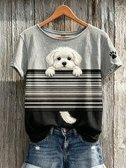 T-shirt à manches courtes pour femmes, imprimé color-block avec un petit chien maltais qui fait coucou