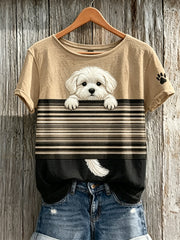 T-shirt à manches courtes pour femmes, imprimé color-block avec un petit chien maltais qui fait coucou